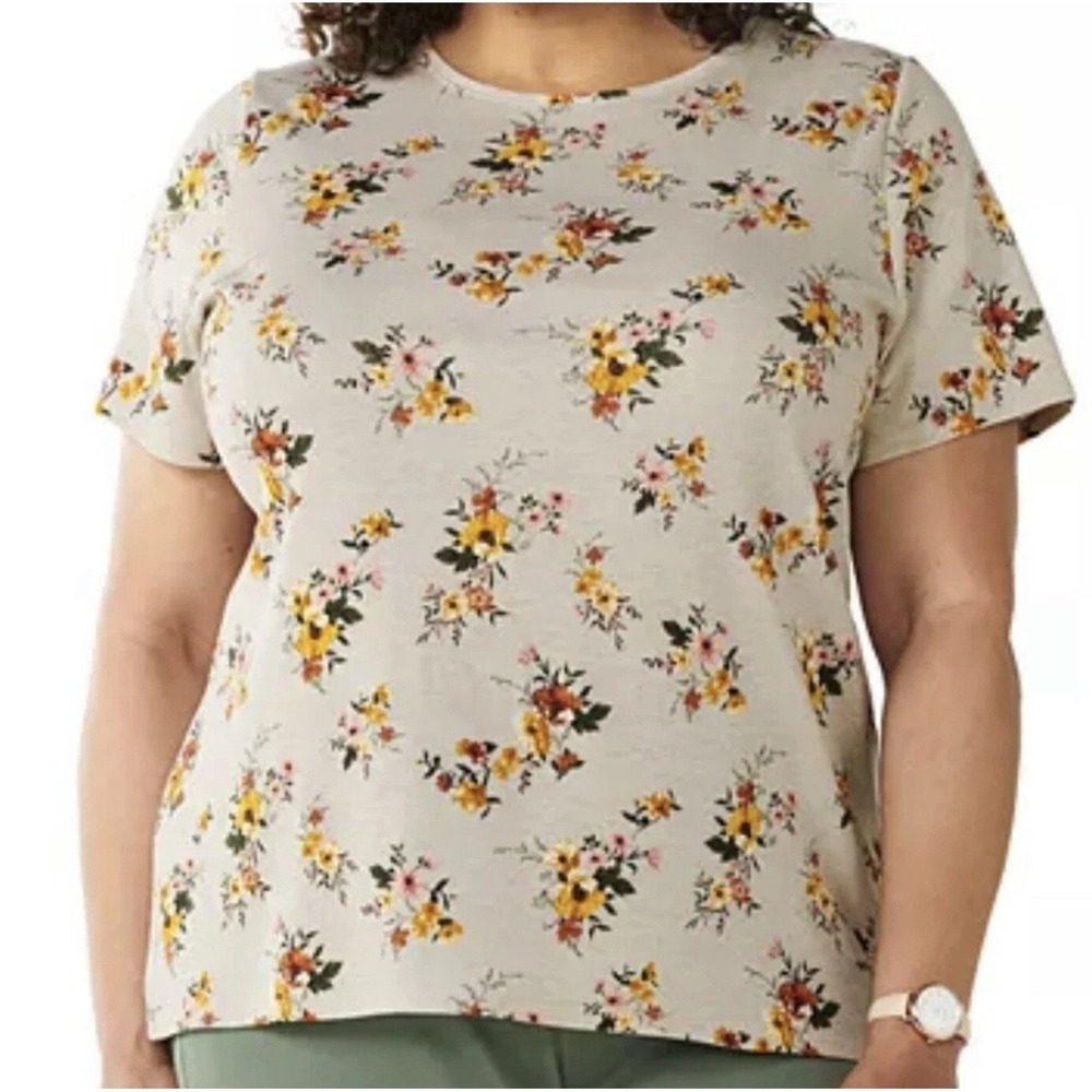 Croft & Barrow Classic Top Tee Shirt Size 5X Beige‎ Floral 100% Cotton Casual